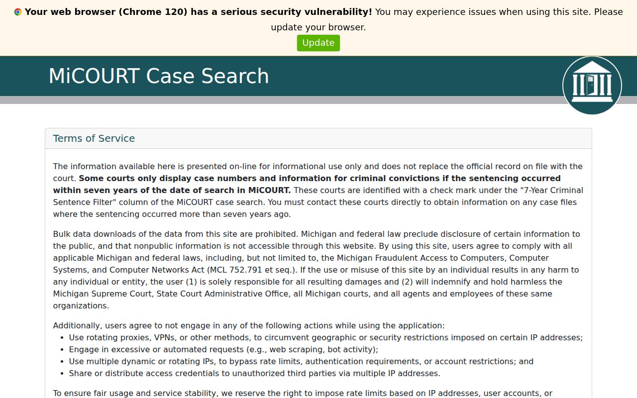 Plainfield Township resident lookup MiCOURT case search fields